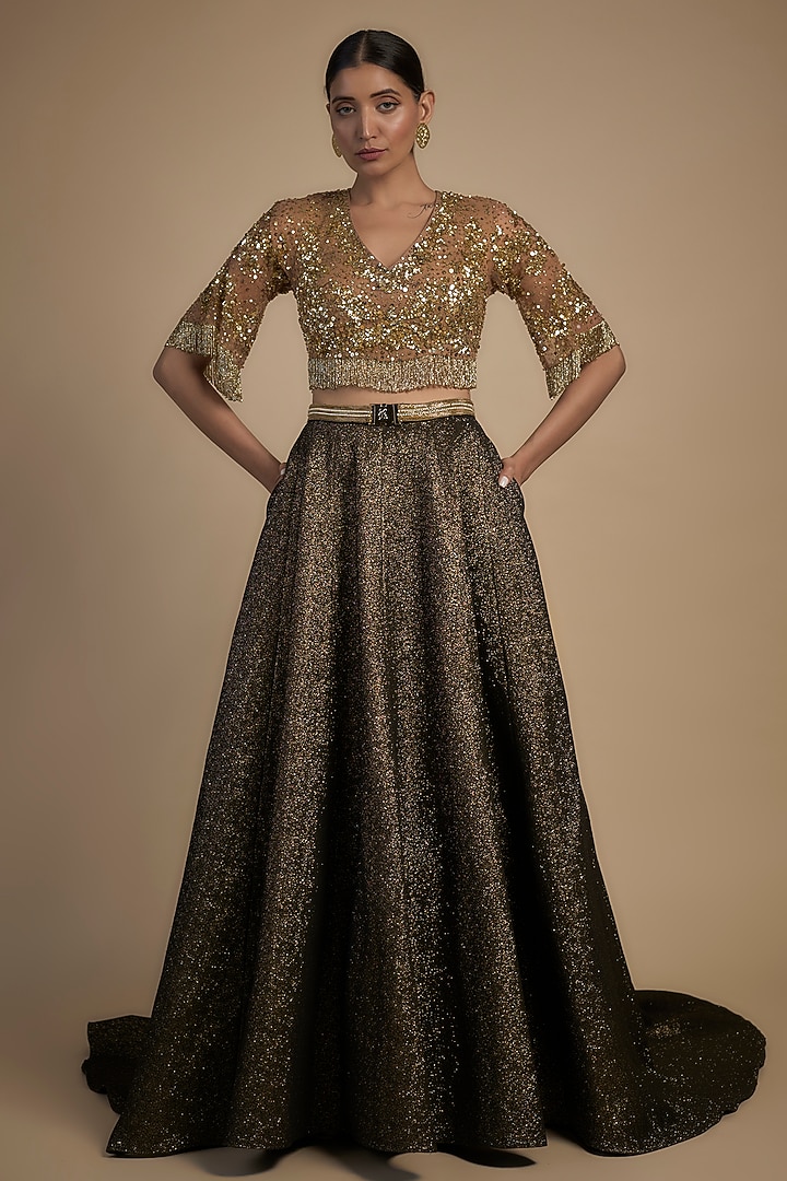 Gold Skin Net & Poly Lurex Embroidered Wedding Lehenga Set by Rocky Star at Pernia's Pop Up Shop