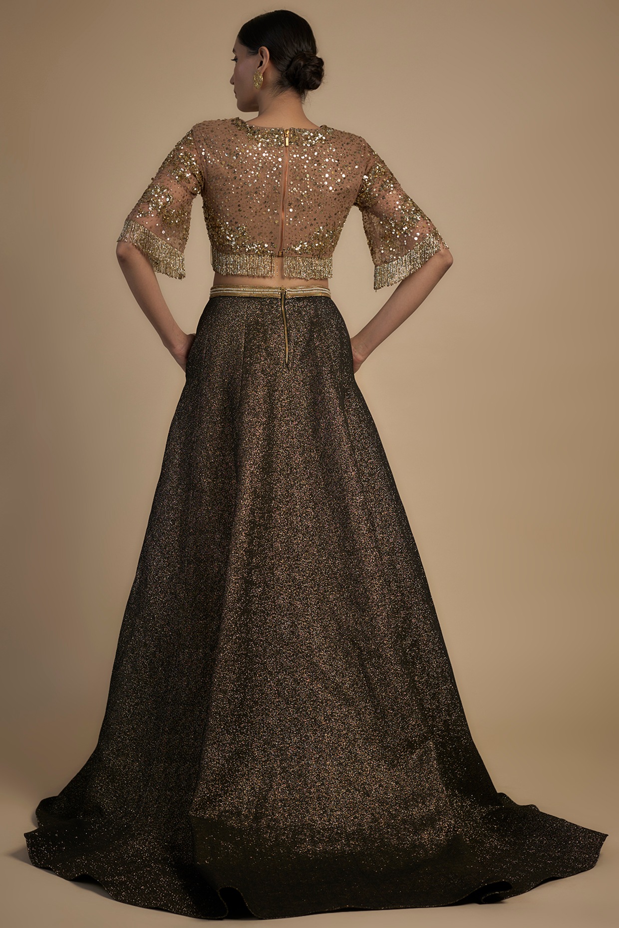 Swarovski Golden Chanderi & Cutwork Lehenga With Crop Top & Dupatta -  CHARKHEE - 3828563