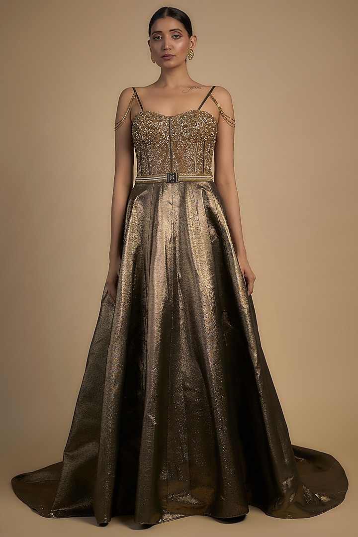 Gold Skin Net & Poly Lurex Embroidered Wedding Gown by Rocky Star at Pernia's Pop Up Shop