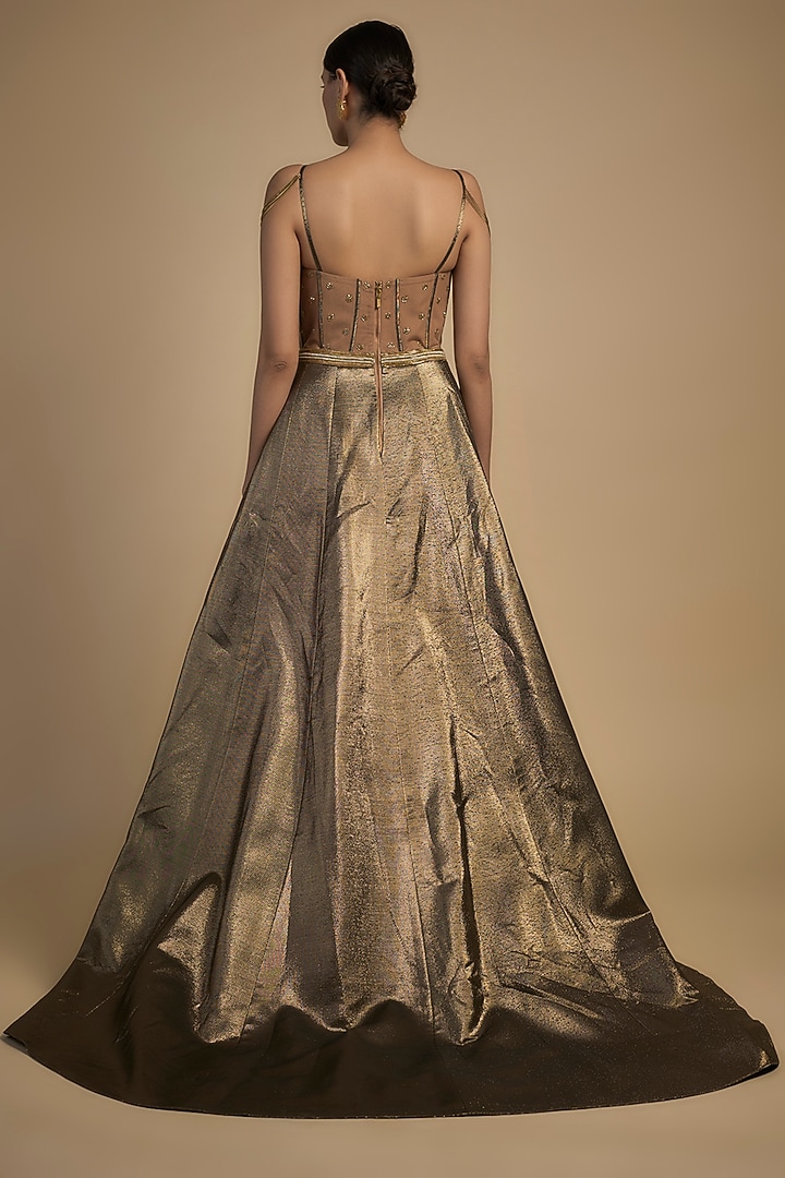 Gold Skin Net & Poly Lurex Embroidered Wedding Gown by Rocky Star at Pernia's Pop Up Shop