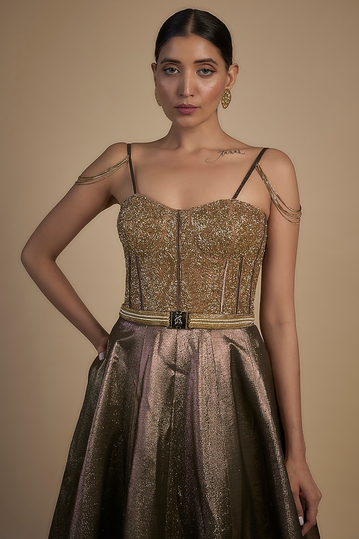 Gold Skin Net & Poly Lurex Embroidered Wedding Gown by Rocky Star at Pernia's Pop Up Shop