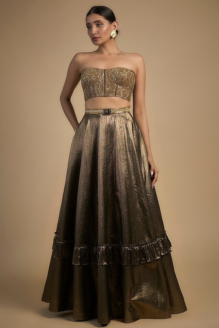 Gold Skin Net & Poly Lurex Embroidered Wedding Lehenga Set by Rocky Star at Pernia's Pop Up Shop