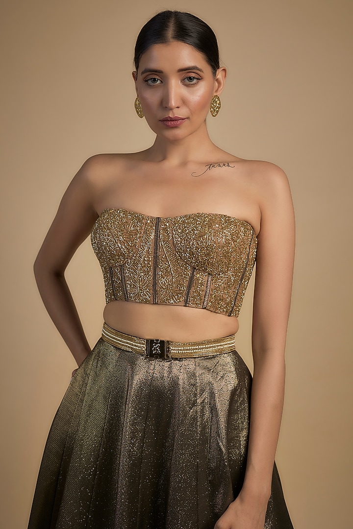 Gold Skin Net & Poly Lurex Embroidered Wedding Lehenga Set by Rocky Star at Pernia's Pop Up Shop
