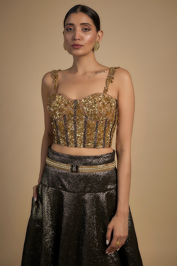 Gold Skin Net & Poly Lurex Embroidered Wedding Lehenga Set by Rocky Star at Pernia's Pop Up Shop