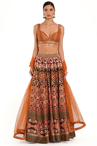 Orange Raw Silk Printed Lehenga Set by Rocky Star