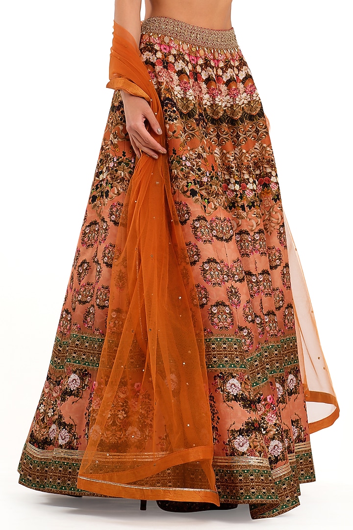 Orange Raw Silk Printed Wedding Lehenga Set by Rocky Star at Pernia's Pop Up Shop