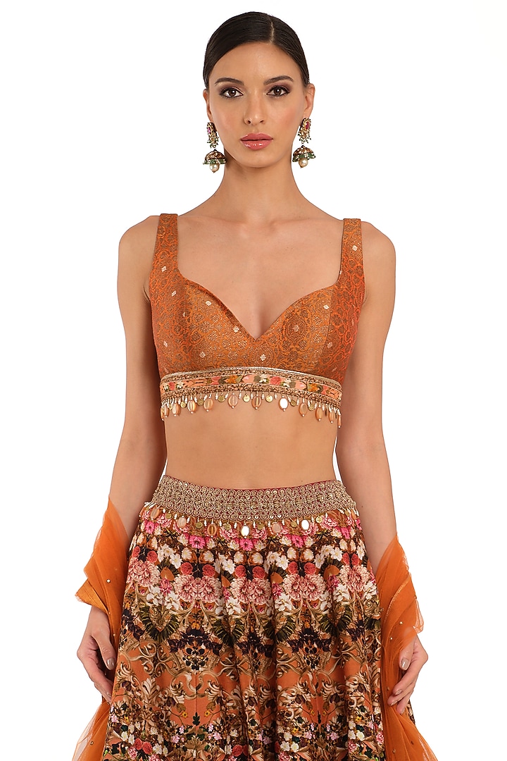 Orange Raw Silk Printed Wedding Lehenga Set by Rocky Star at Pernia's Pop Up Shop
