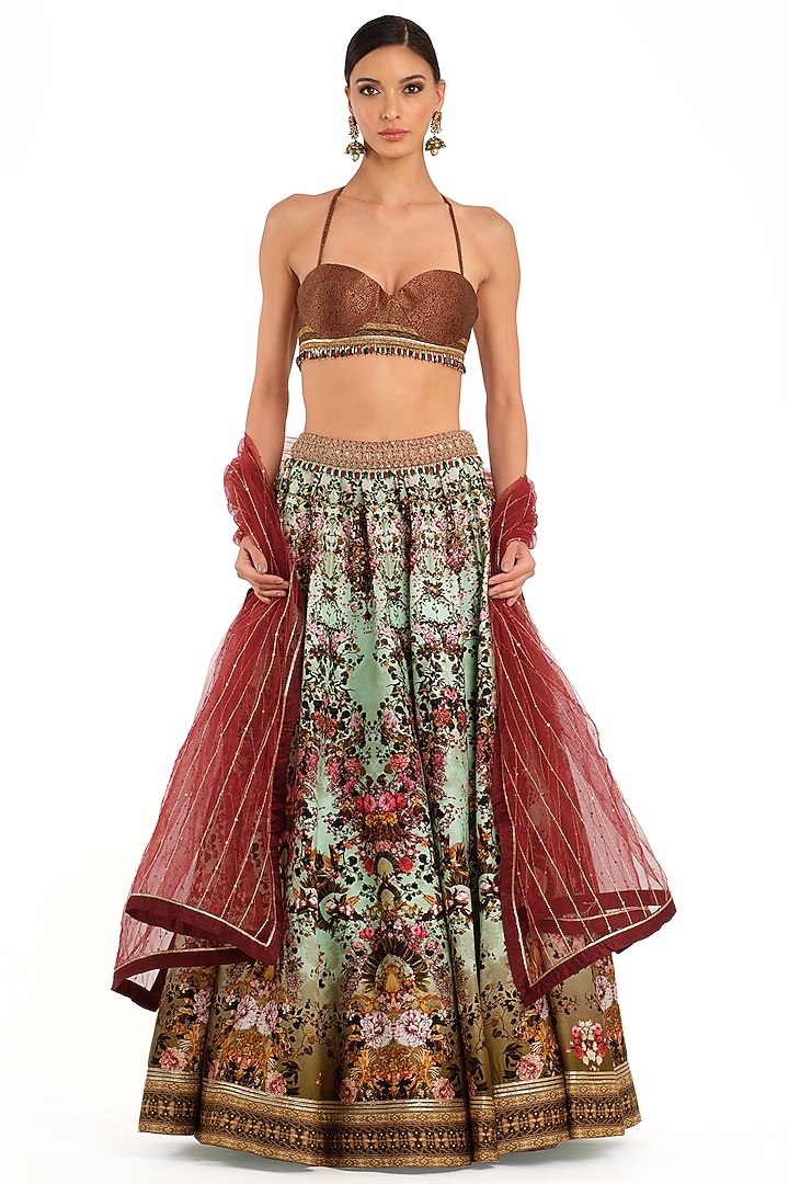 Light Blue Raw Silk Printed Wedding Lehenga Set by Rocky Star at Pernia's Pop Up Shop