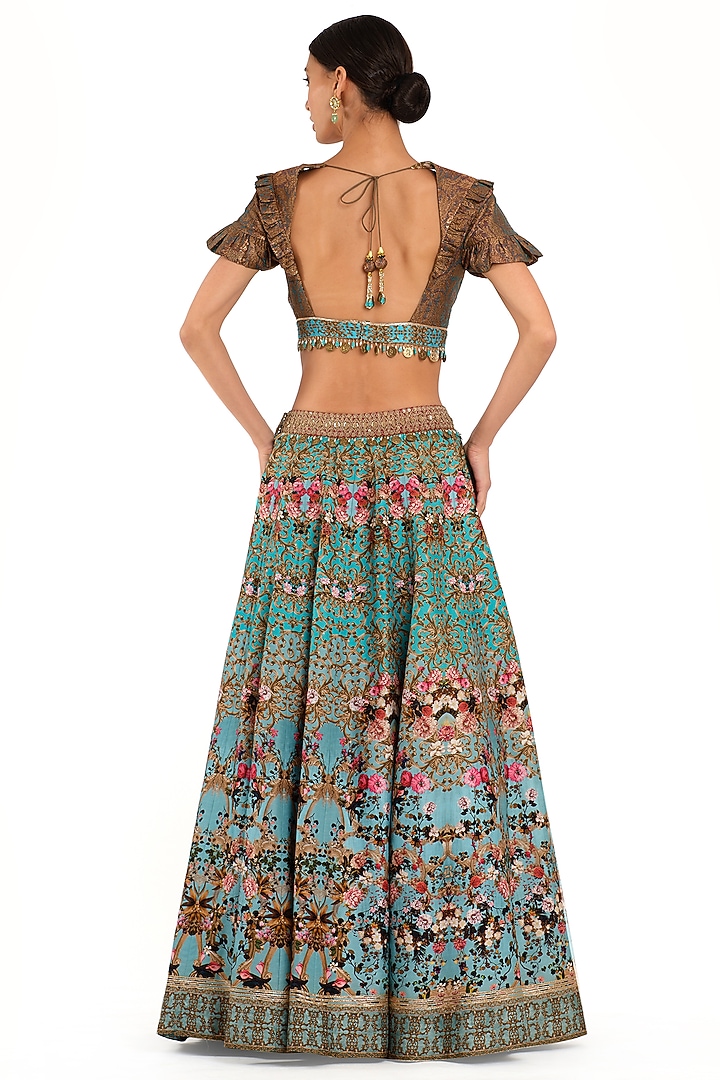 Blue Raw Silk Printed Wedding Lehenga Set by Rocky Star at Pernia's Pop Up Shop