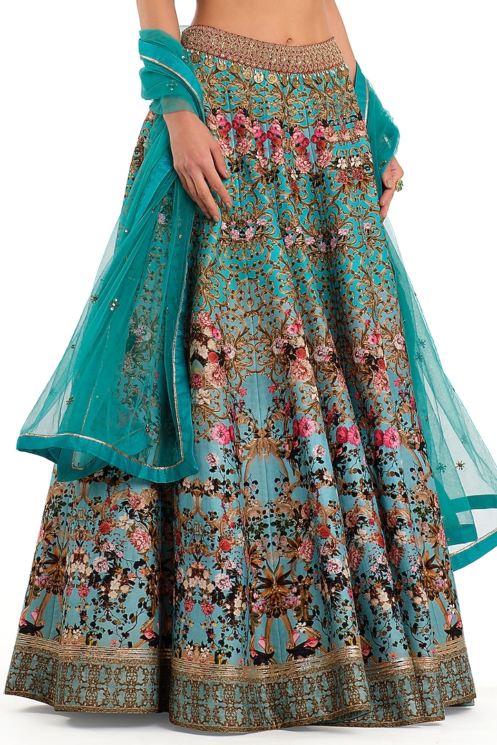 Blue Raw Silk Printed Wedding Lehenga Set by Rocky Star at Pernia's Pop Up Shop