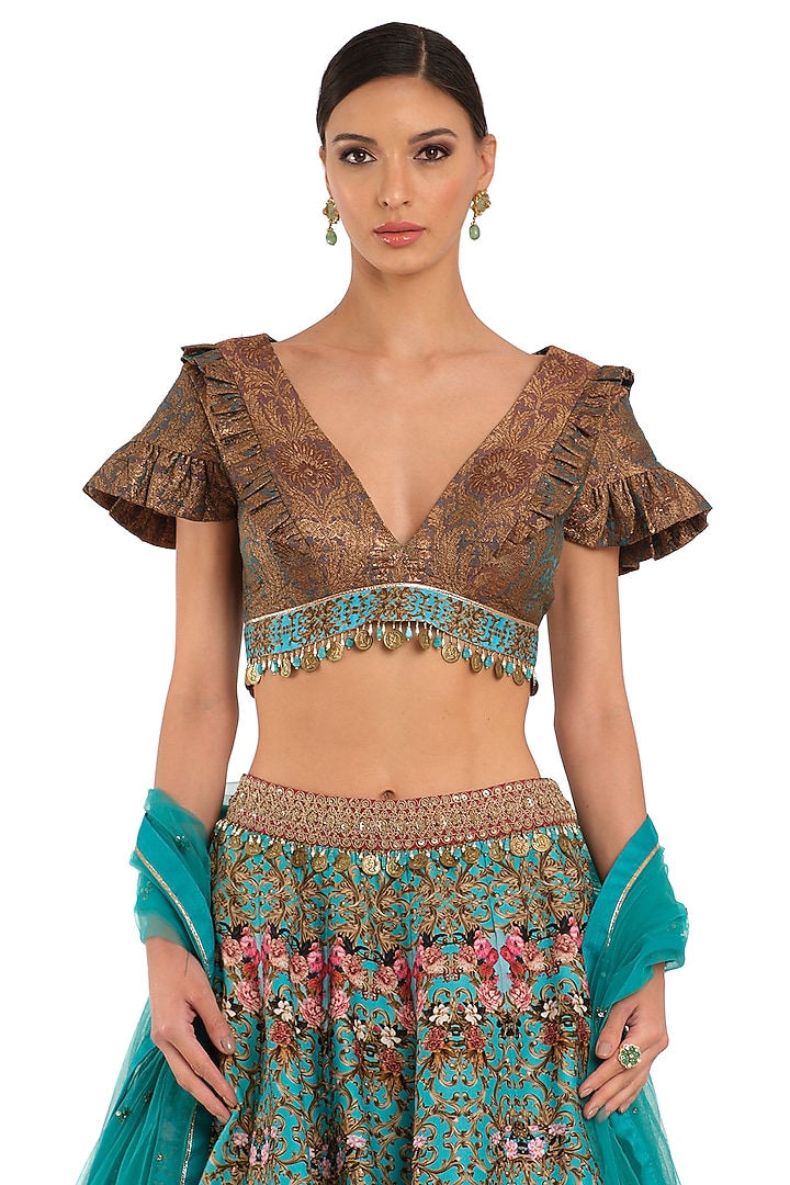 Blue Raw Silk Printed Wedding Lehenga Set by Rocky Star at Pernia's Pop Up Shop