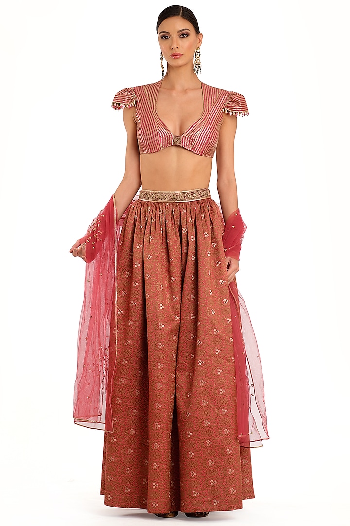 Coral Brocade Embroidered Lehenga Set by Rocky Star