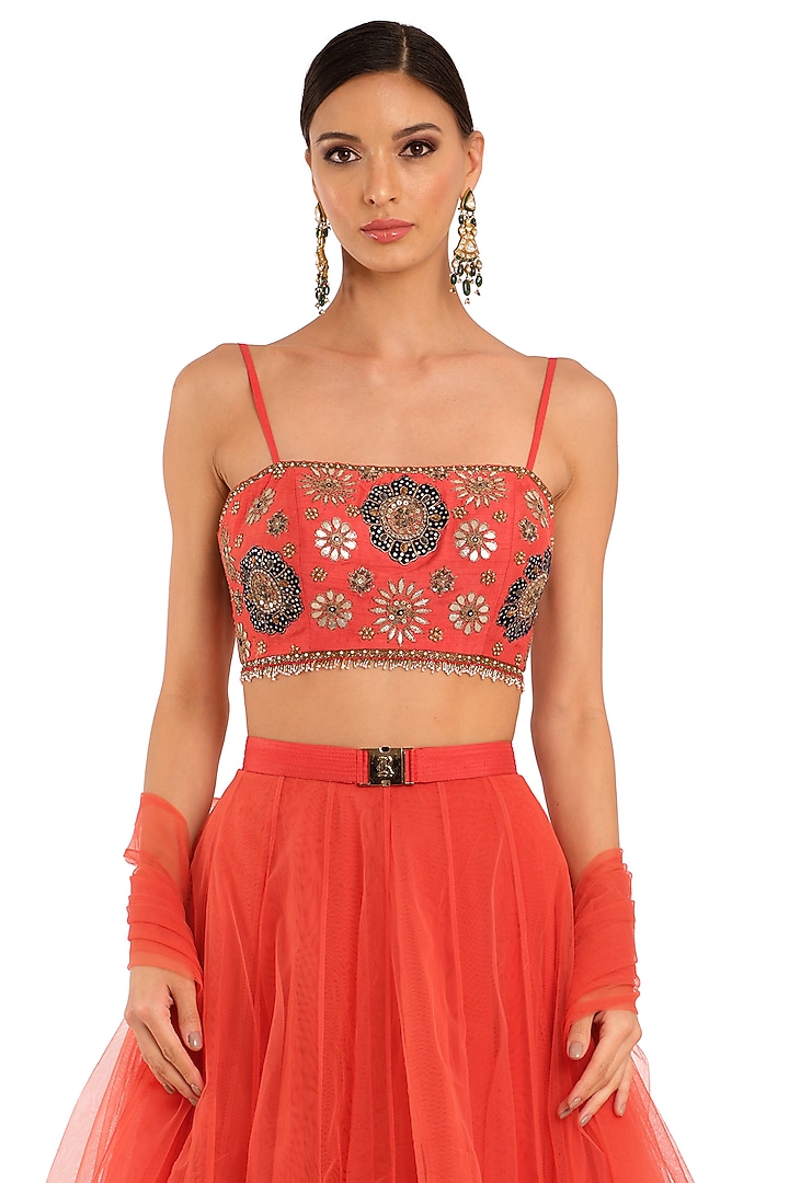 Orange Tulle Wedding Lehenga Set by Rocky Star at Pernia's Pop Up Shop