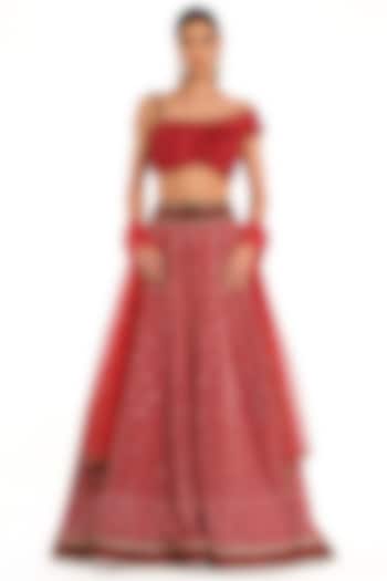 Deep Red Raw & Georgette Silk Embroidered Bridal Lehenga Set by Rocky Star at Pernia's Pop Up Shop