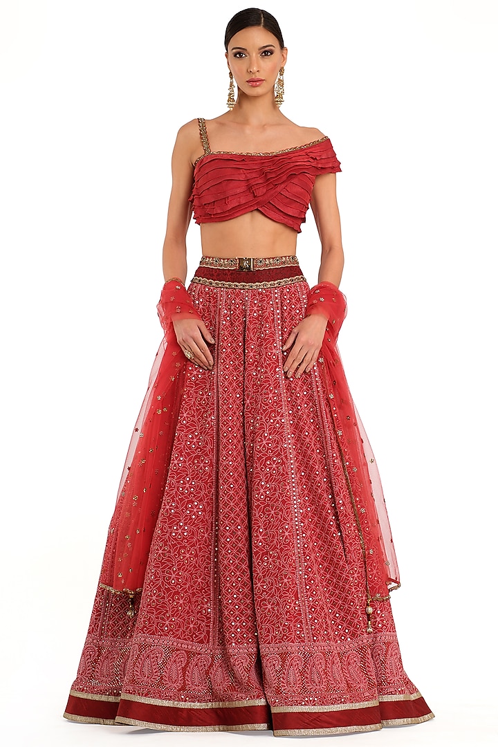 Deep Red Raw & Georgette Silk Embroidered Bridal Lehenga Set by Rocky Star at Pernia's Pop Up Shop