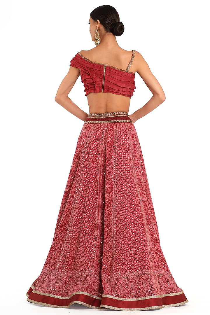 Deep Red Raw & Georgette Silk Embroidered Bridal Lehenga Set by Rocky Star at Pernia's Pop Up Shop