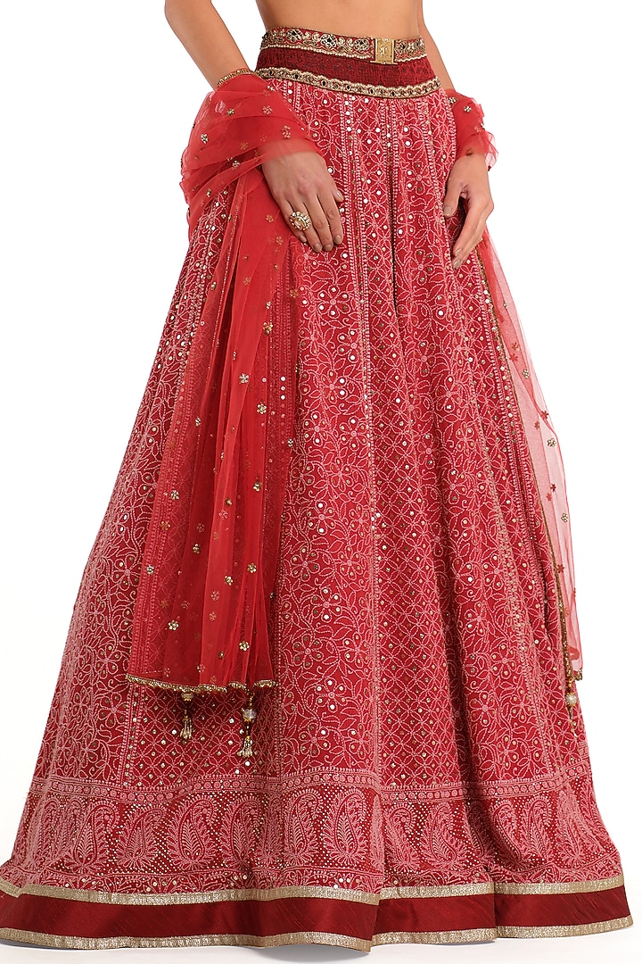 Deep Red Raw & Georgette Silk Embroidered Bridal Lehenga Set by Rocky Star at Pernia's Pop Up Shop