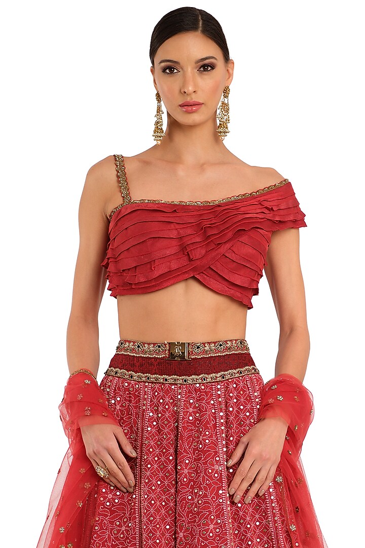 Deep Red Raw & Georgette Silk Embroidered Bridal Lehenga Set by Rocky Star at Pernia's Pop Up Shop
