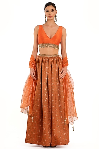 Orange Brocade Embroidered Lehenga Set by Rocky Star