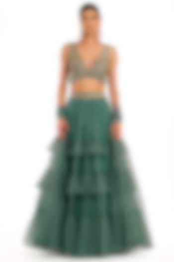 Emerald Green Tulle Frill Wedding Lehenga Set by Rocky Star at Pernia's Pop Up Shop