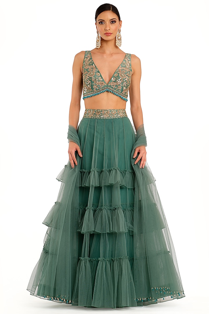 Emerald Green Tulle Frill Wedding Lehenga Set by Rocky Star at Pernia's Pop Up Shop