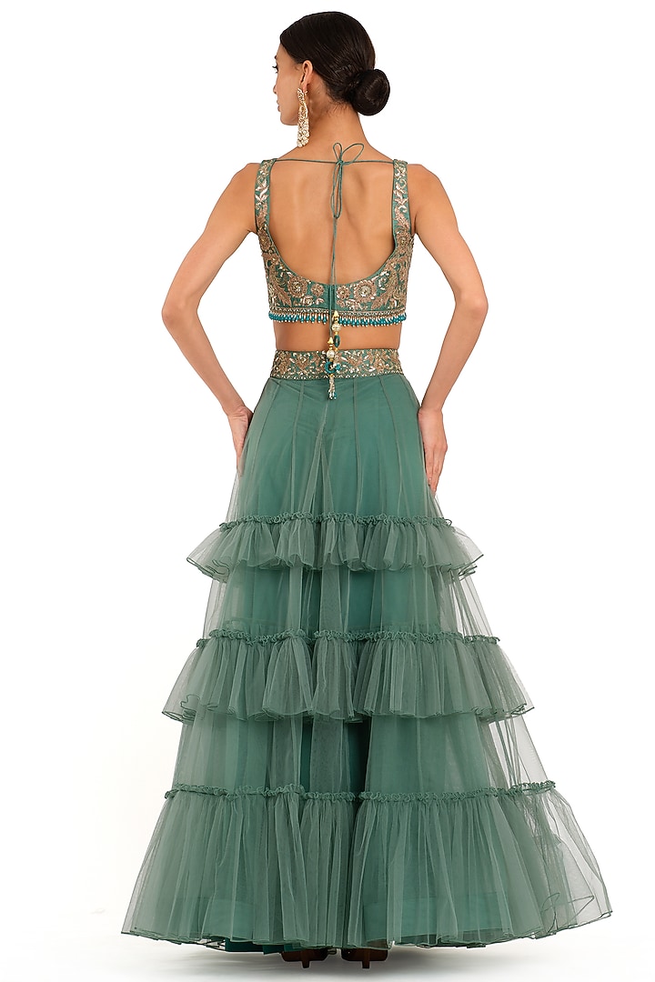 Emerald Green Tulle Frill Wedding Lehenga Set by Rocky Star at Pernia's Pop Up Shop