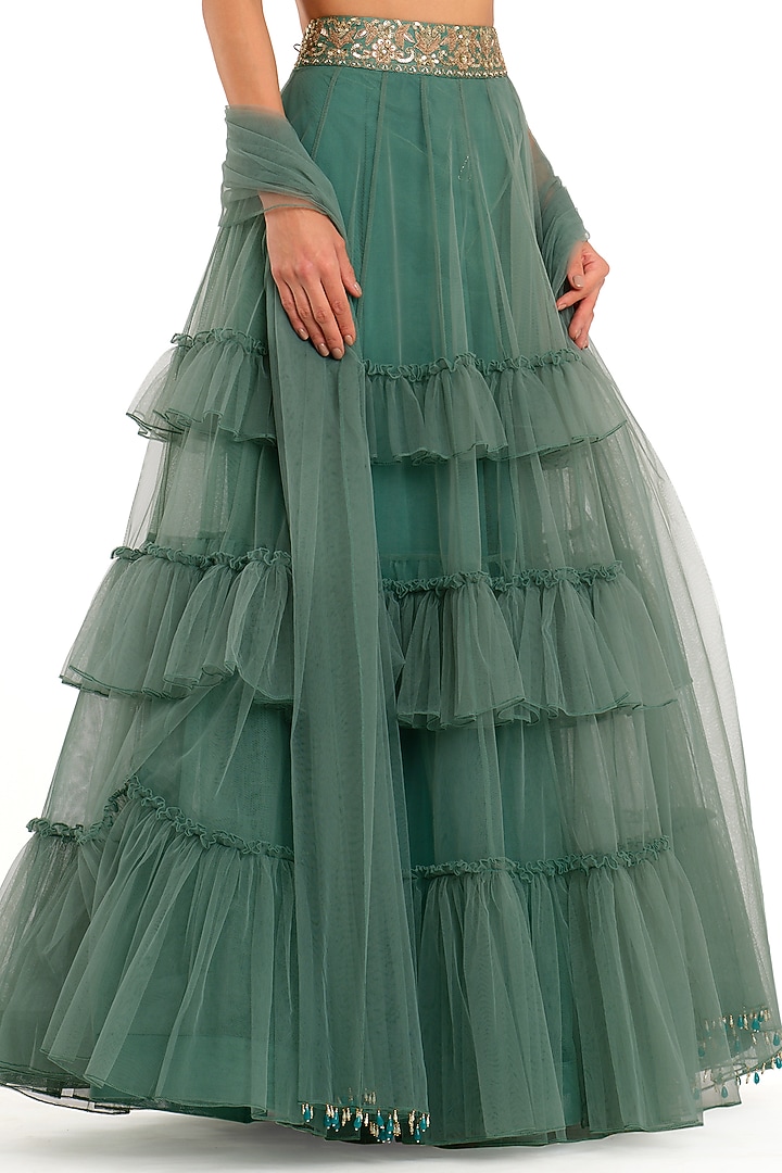 Emerald Green Tulle Frill Wedding Lehenga Set by Rocky Star at Pernia's Pop Up Shop