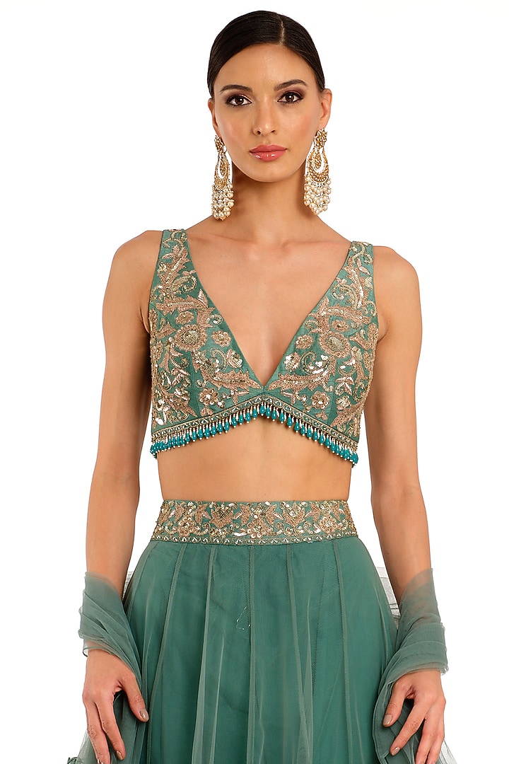 Emerald Green Tulle Frill Wedding Lehenga Set by Rocky Star at Pernia's Pop Up Shop