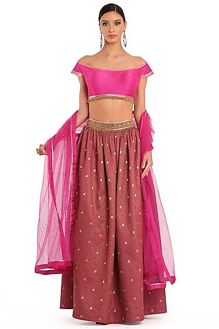 Fuchsia Pink Brocade Embroidered Lehenga Set by Rocky Star