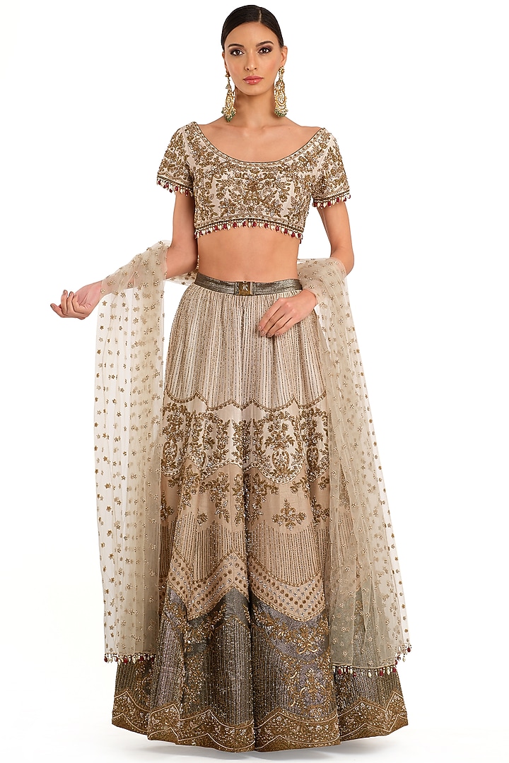 Ecru & Ivory Raw Silk Embroidered Bridal Lehenga Set by Rocky Star at Pernia's Pop Up Shop