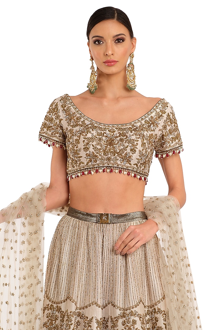 Ecru & Ivory Raw Silk Embroidered Bridal Lehenga Set by Rocky Star at Pernia's Pop Up Shop