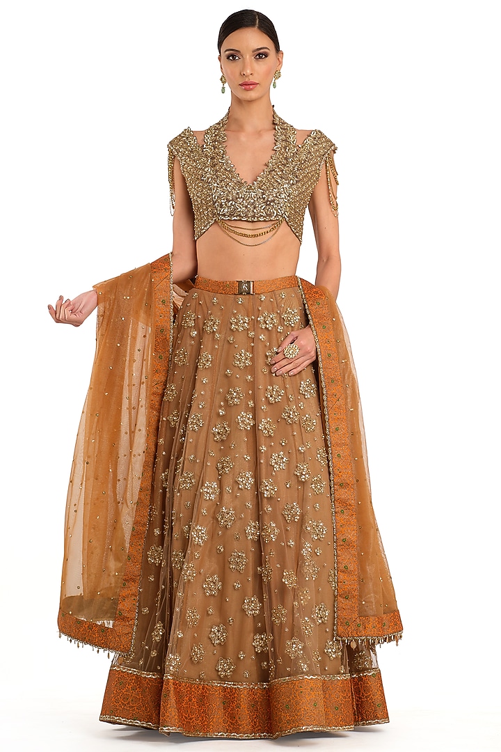 Rustic Orange Tissue Bridal Lehenga Set by Rocky Star at Pernia's Pop Up Shop