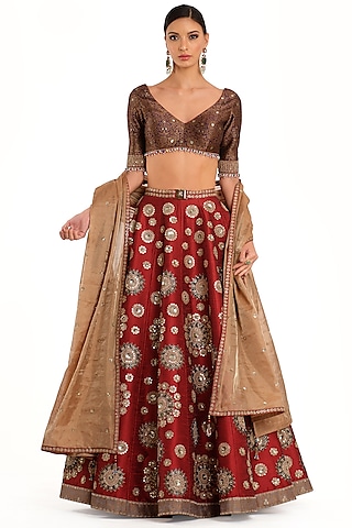 Deep Red Silk Embroidered Lehenga Set by Rocky Star
