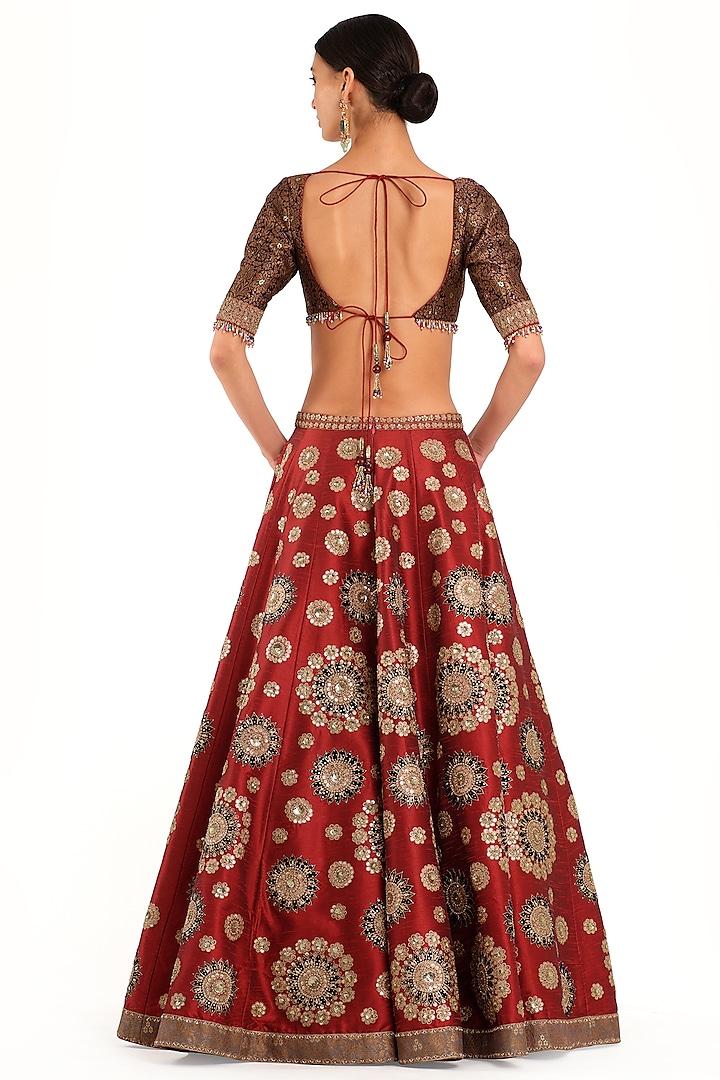 Deep Red Silk Embroidered Bridal Lehenga Set by Rocky Star at Pernia's Pop Up Shop