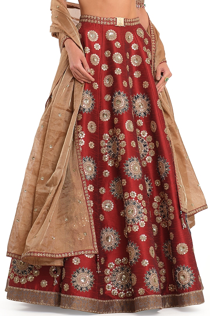 Deep Red Silk Embroidered Bridal Lehenga Set by Rocky Star at Pernia's Pop Up Shop