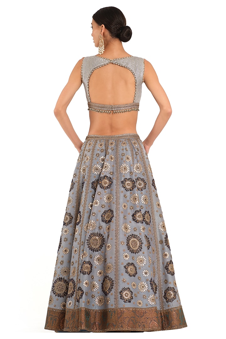 Grey & Ice Blue Raw Silk Embroidered Bridal Lehenga Set by Rocky Star at Pernia's Pop Up Shop