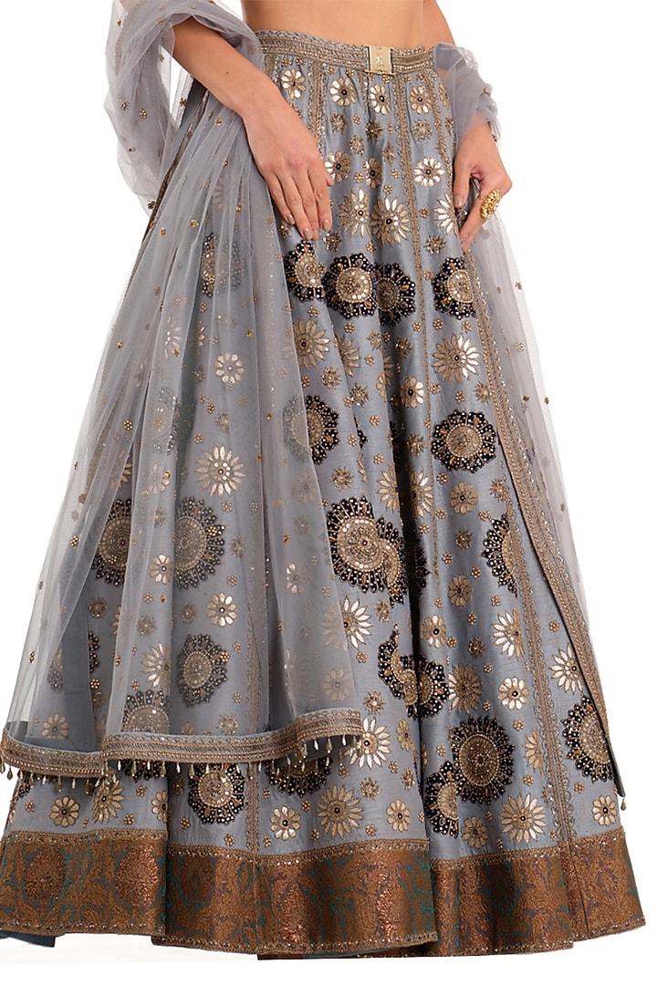 Grey & Ice Blue Raw Silk Embroidered Bridal Lehenga Set by Rocky Star at Pernia's Pop Up Shop
