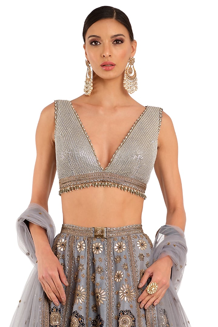 Grey & Ice Blue Raw Silk Embroidered Bridal Lehenga Set by Rocky Star at Pernia's Pop Up Shop