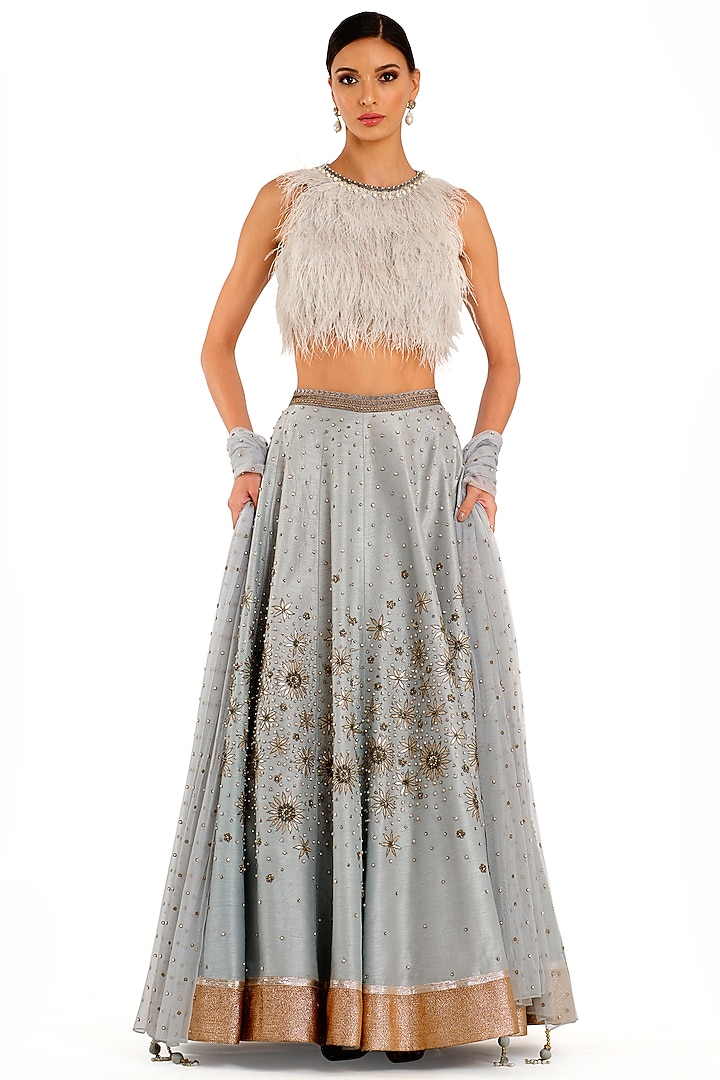 Blue Raw Silk Embroidered Bridal Lehenga Set by Rocky Star at Pernia's Pop Up Shop