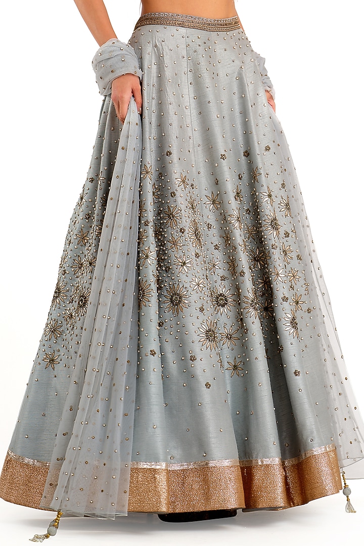 Blue Raw Silk Embroidered Bridal Lehenga Set by Rocky Star at Pernia's Pop Up Shop