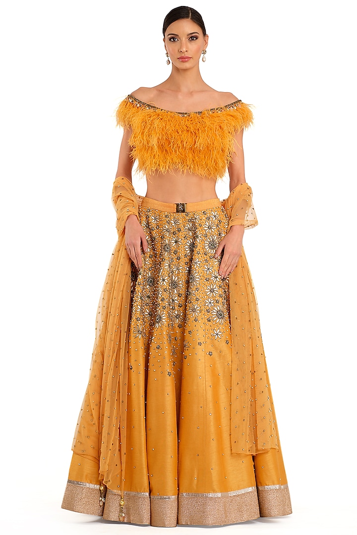 Orange Raw Silk Embroidered Bridal Lehenga Set by Rocky Star at Pernia's Pop Up Shop