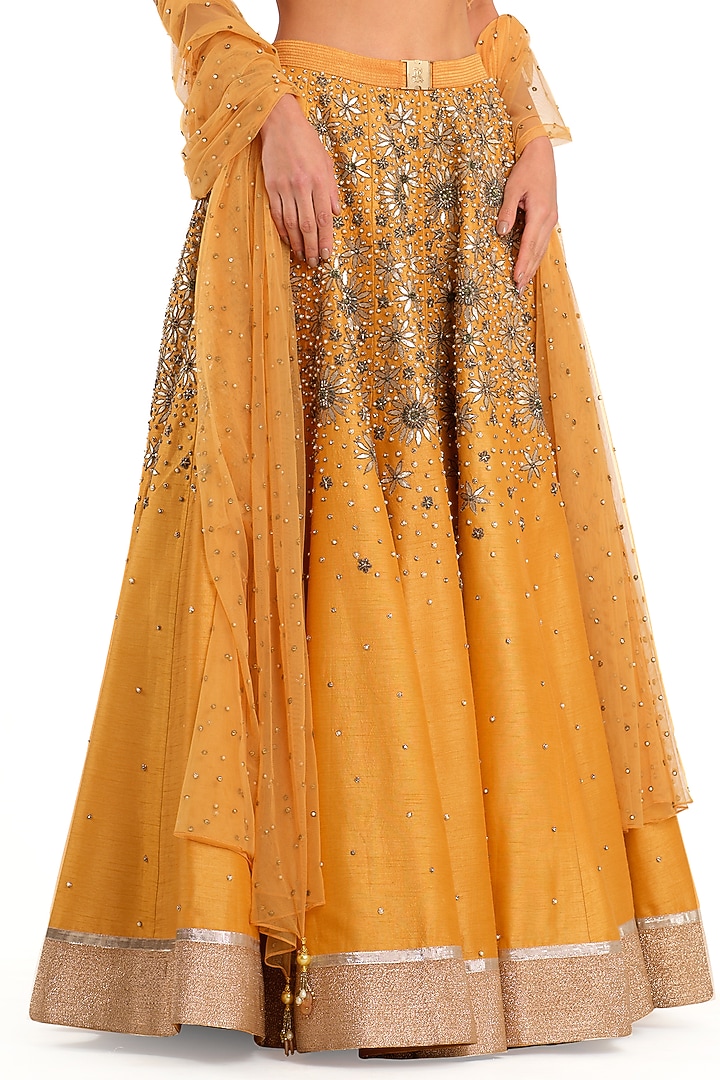 Orange Raw Silk Embroidered Bridal Lehenga Set by Rocky Star at Pernia's Pop Up Shop