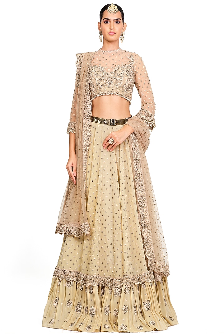 Beige Organza Embroidered Bridal Lehenga Set by Rocky Star at Pernia's Pop Up Shop