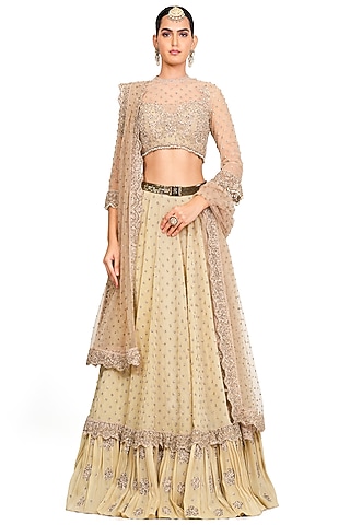 Beige Organza Embroidered Lehenga Set by Rocky Star