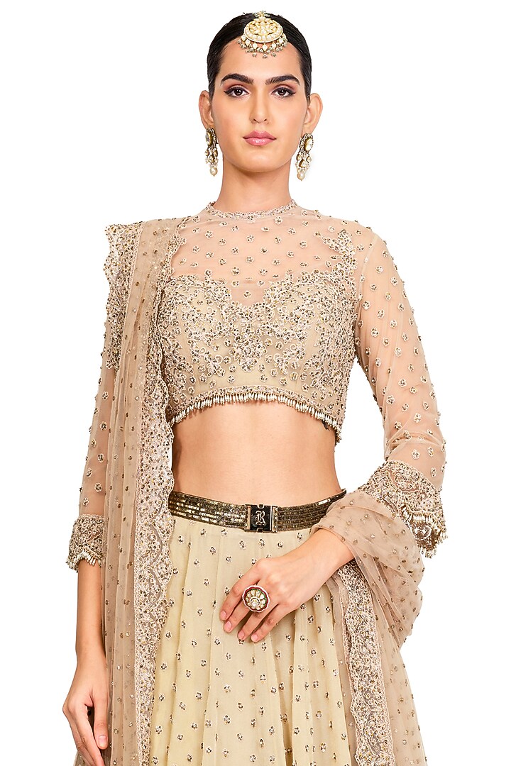 Beige Organza Embroidered Bridal Lehenga Set by Rocky Star at Pernia's Pop Up Shop
