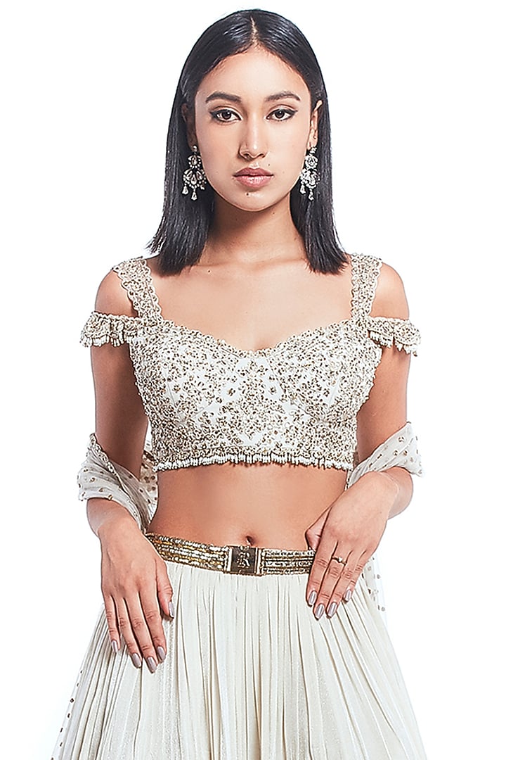 Ivory Organza Flared Wedding Lehenga Set by Rocky Star at Pernia's Pop Up Shop