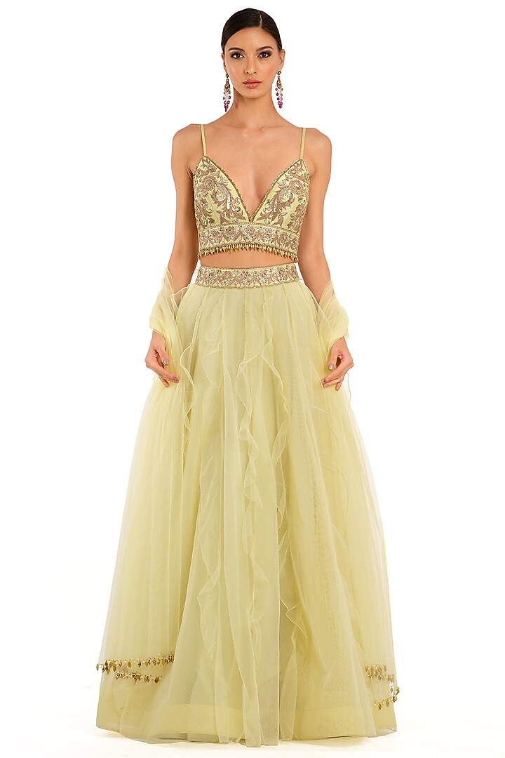 Lime Green Tulle Embroidered Wedding Lehenga Set by Rocky Star at Pernia's Pop Up Shop