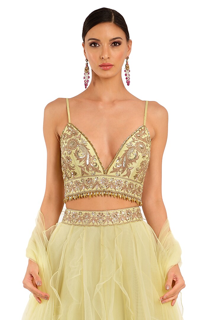 Lime Green Tulle Embroidered Wedding Lehenga Set by Rocky Star at Pernia's Pop Up Shop
