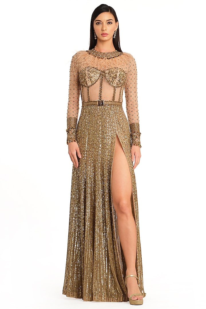 Gold Net Embroidered Gown by Rocky Star