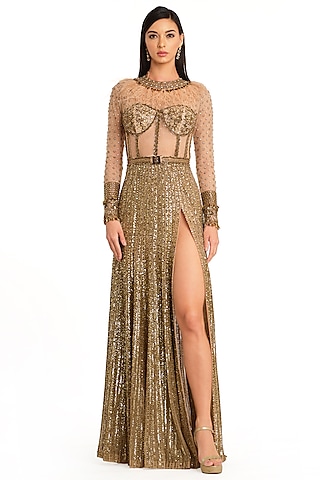 Gold Net Embroidered Gown by Rocky Star